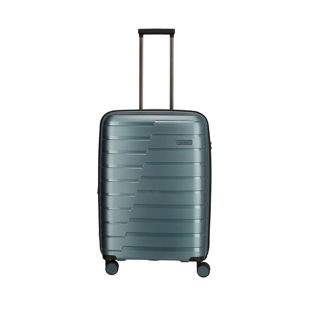 A teal-colored suitcase with a telescopic handle and wheels, presented on a white background.