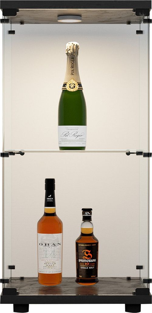 A display cabinet with bottles of alcohol on shelves.