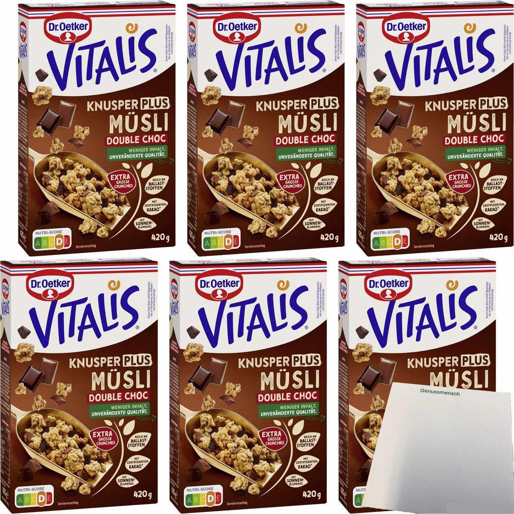Dr.Oetker Vitalis Knusper Plus Müsli Double Choc 6er Pack (6x420g Packung) + usy Block