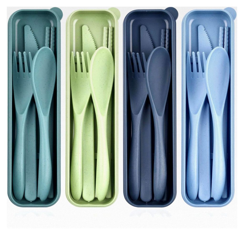 4-teiliges Plastikbesteckset, Kunststoff Reisebesteck mit Etui, Tragbares wiederverwendbares Besteckset für Picknick, Camping und Outdoor