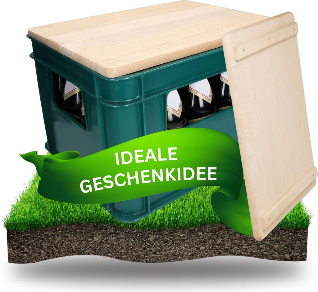 A green plastic crate filled with bottles, topped with a wooden lid, sitting on a patch of grass and soil. A green banner with text is in front of the crate.