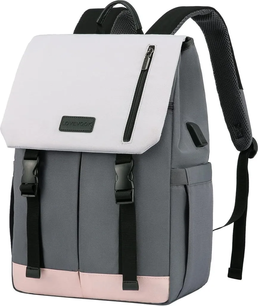 LOVEVOOK Sac à dos Ordinateur 15,6 Pouces Femme Gris Blanc Rose Elégant