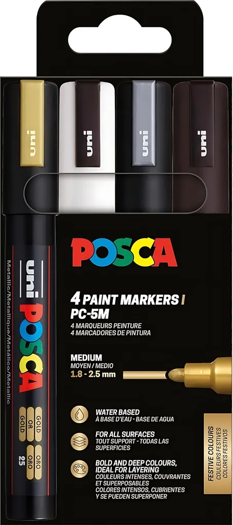 Feutre Peinture POSCA PC-5M Lot de 4 Stylos pour Customisation Multi-support