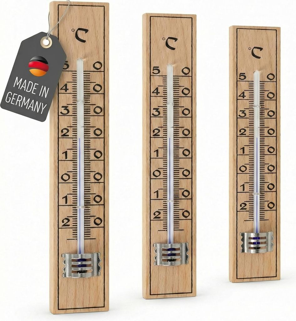 3 Stück Holz Innen- Außen Thermometer Set Analog Temperatur -25 bis +50°C Außenthermometer Gartenthermometer Wandthermometer Holzthermometer