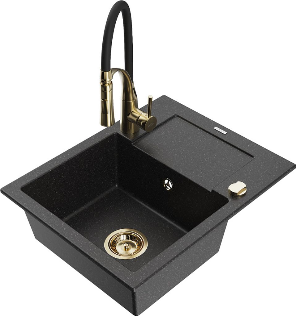 Mexen Enzo 1 Becken-Granitspüle mit Abtropffläche und Mischbatterie Aster, Schwarz/Silbermetallic - 6506-73-73450-57-G