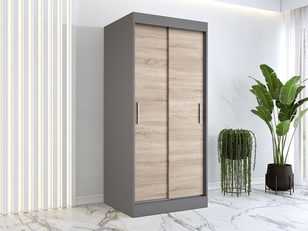 FurMeb24 Schiebetrenschrank GOLD -90x200cm 2-triger Kleiderschrank Ohne Spiegel, Schiebeschrank-(Anthrazit + Sonoma Eiche)