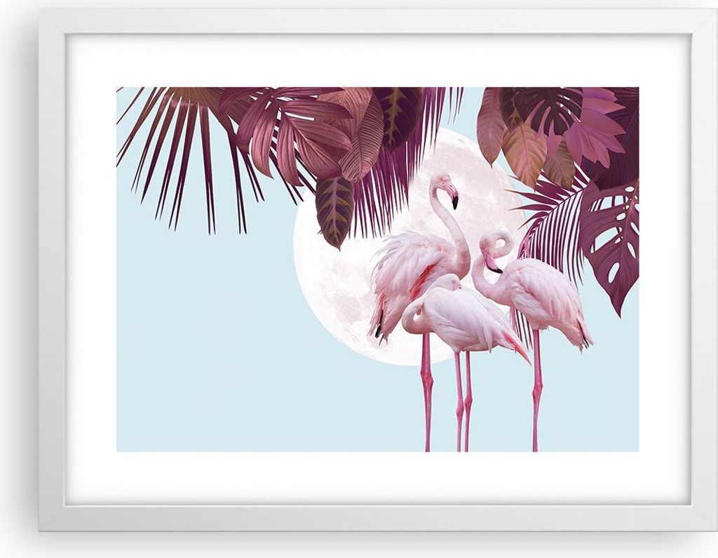 Gerahmtes Poster - Weißer Rahmen - Flamingos Palmen Mond - 40x30 cm - Wand Bild - Wanddeko - Wandbilder - Kunstposter - Wandposter - Bilderrahmen ...