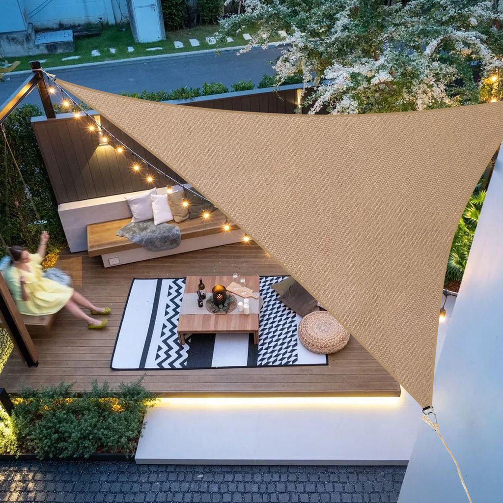 Duhome Sonnensegel Wasserdicht 5x5x5m, Sonnenschutz Wetterbeständig Dreieck UV-Schutz inkl Befestigungsseile für Terrasse Balkon Garten,Sandgelb
