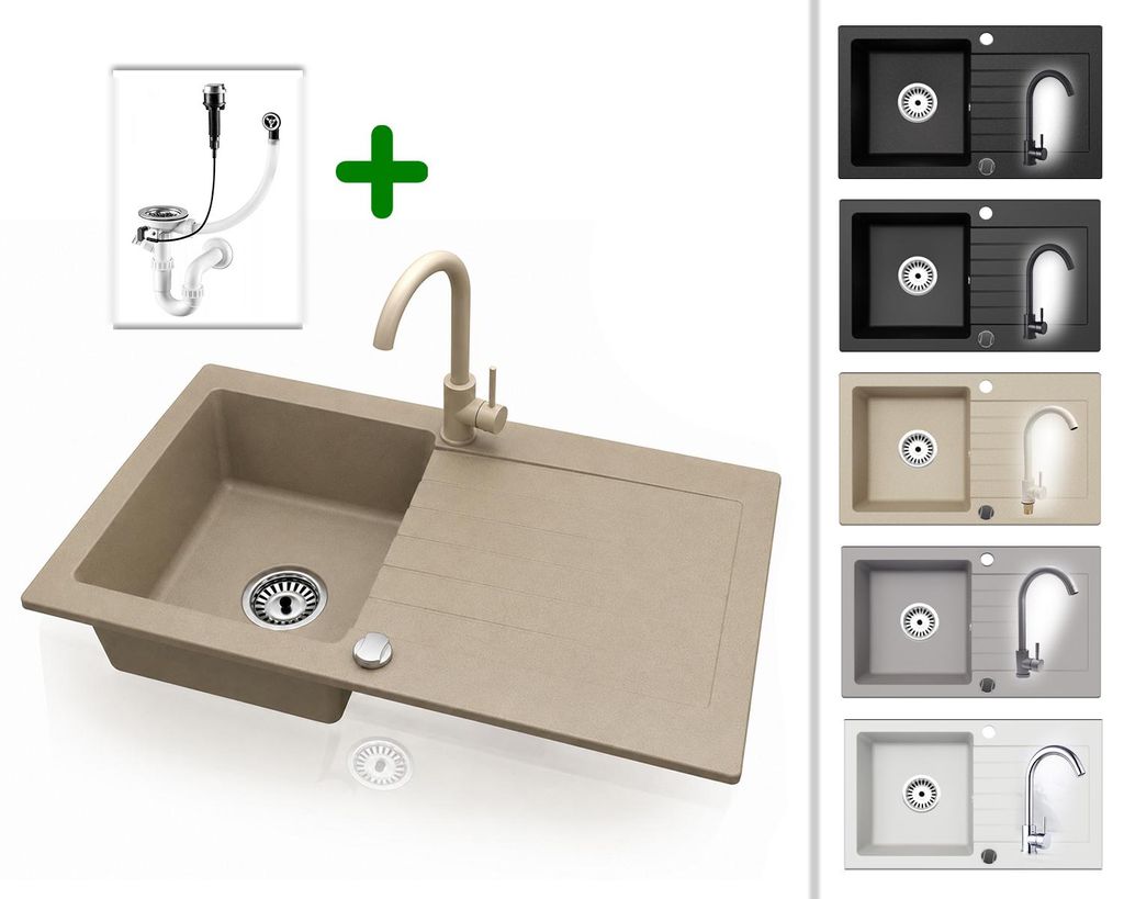 Granitspüle 76x44 cm mit Beige Armatur – Küchenspüle aus Produktbild 