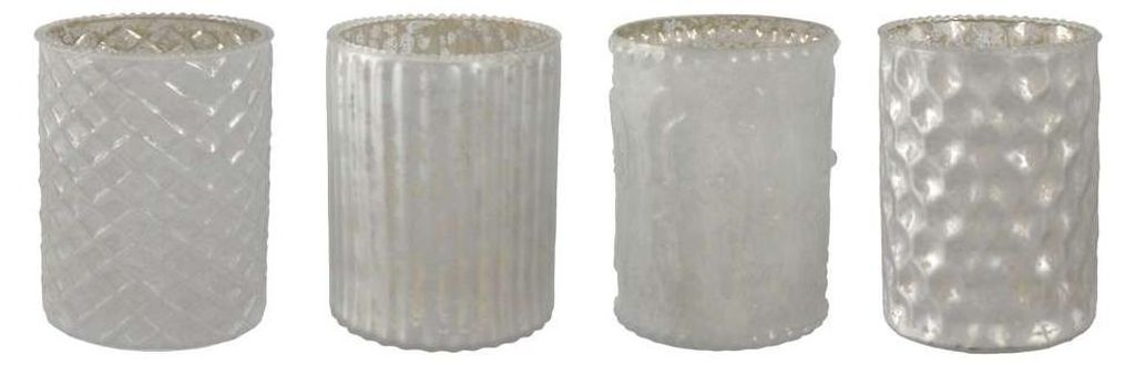 Glas-Teelicht 10cm. 4 Stück. Teelichtglas teilw. verspiegelt Weiß