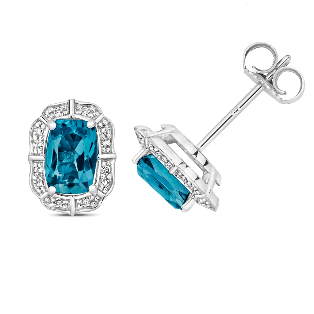 Boucles d'oreilles pendantes topaze bleue de Londres et or blanc 9k