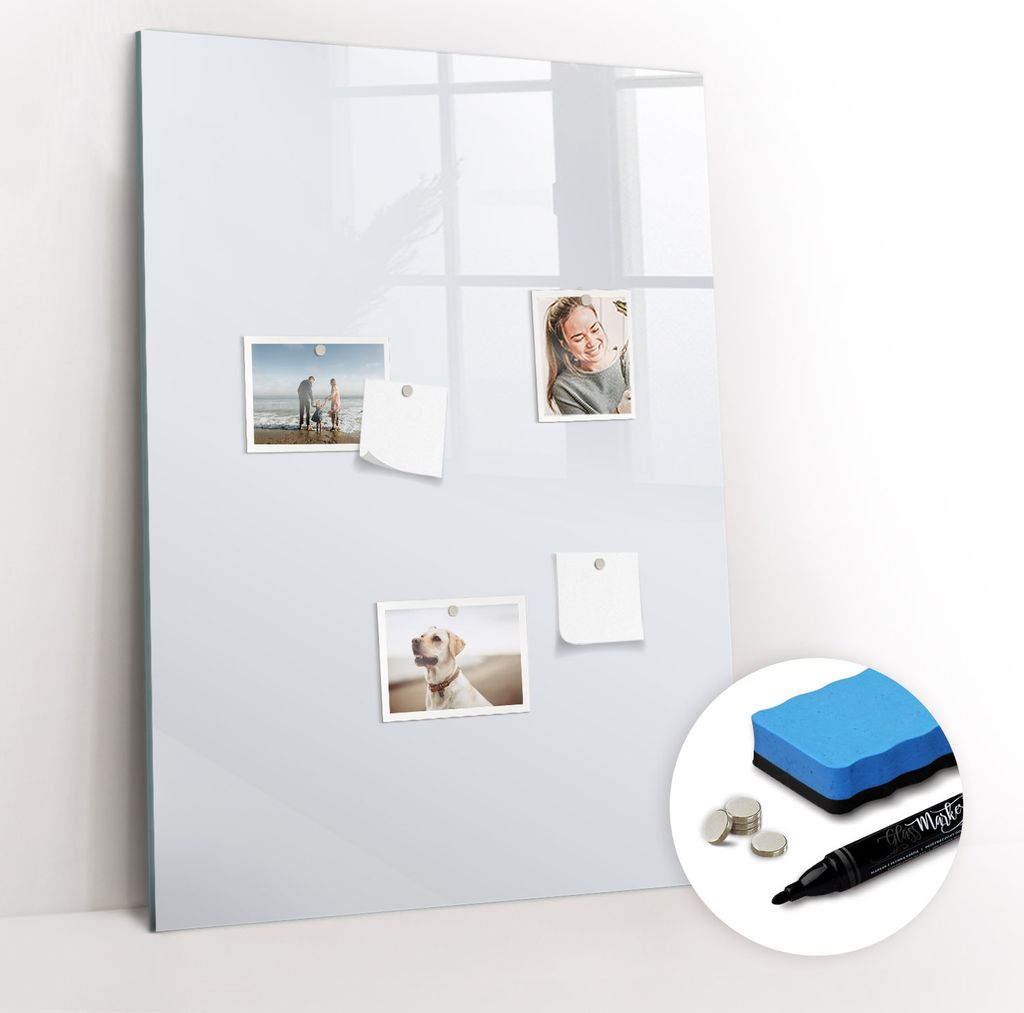 Magnetpinnwand Memoboard - Zubehörsatz - Schwarzer Marker + Schwamm + Magnete - 70 x 100 cm - Farbe dunkelweiß