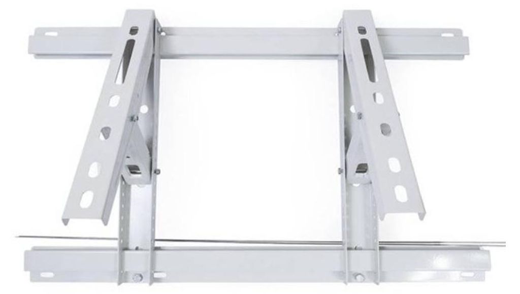 A white metal bracket for an air conditioning unit is shown against a white background.