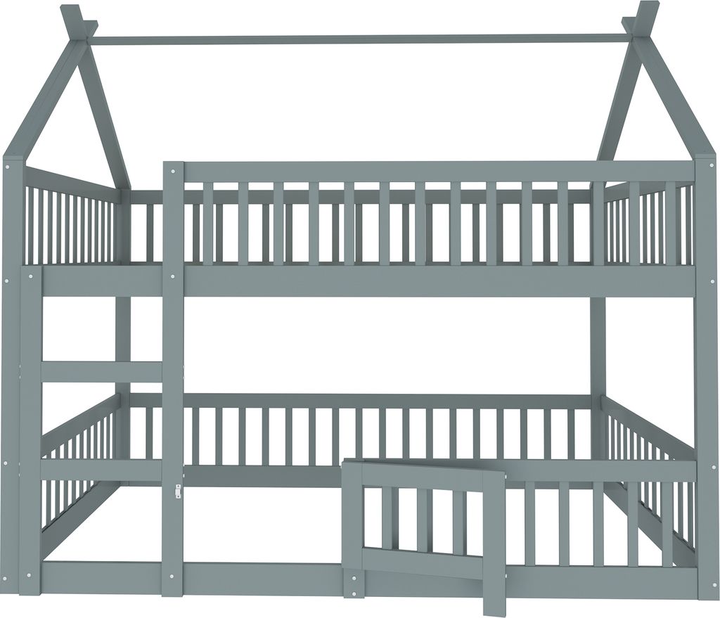 A grey wooden bunk bed with a house-shaped frame and a ladder.