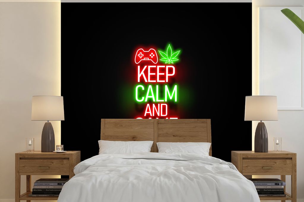 MuchoWow Fototapete für Wohnzimmer oder Schlafzimmer Wandtapete Vinyl Motivtapete Gaming - Neon - Ruhe bewahren und weiterspielen - Rot - Text -...