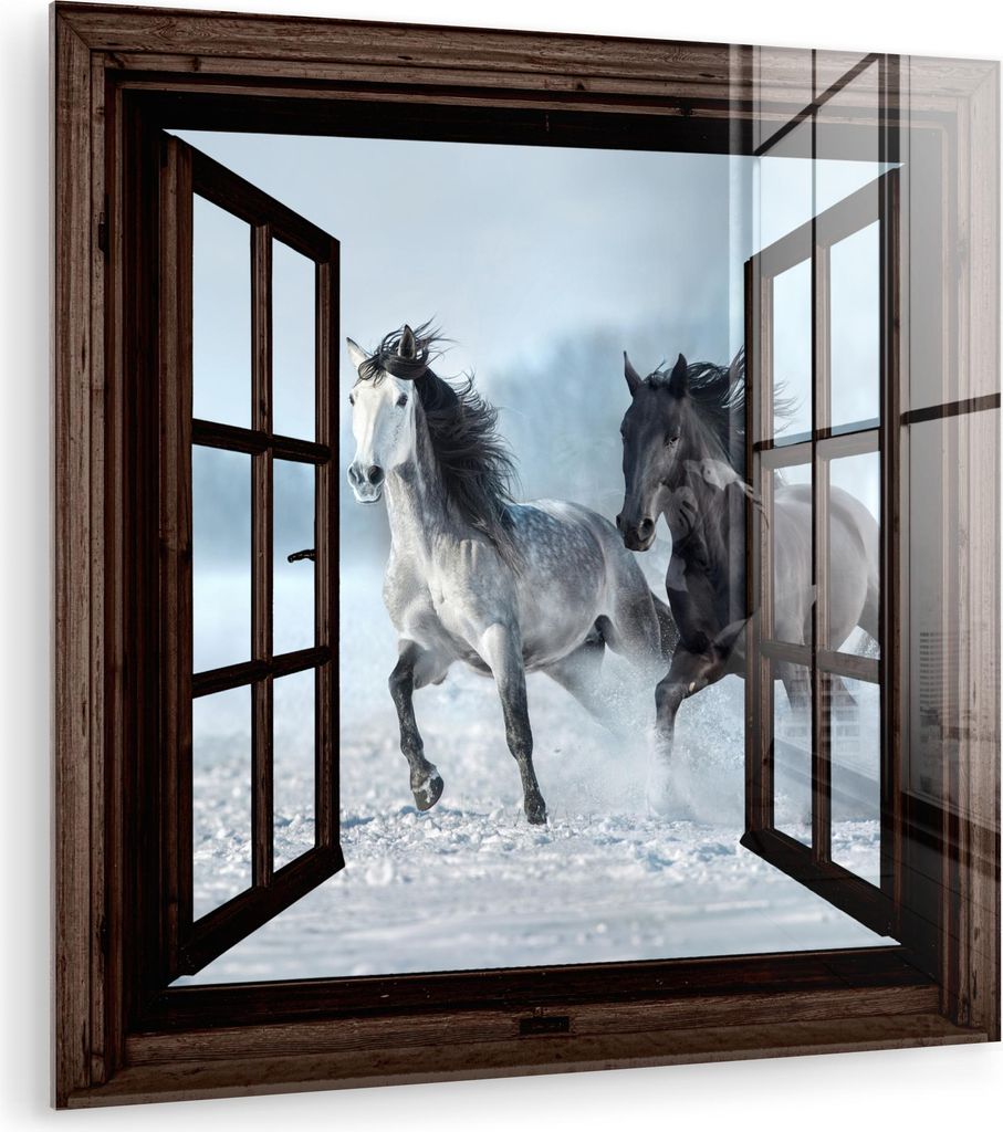 MuchoWow Glasbilder - Bilder auf Wandbild - Foto auf Glas Pferde - Winter - Tiere - Natur - Durchblicken 40x40 cm Wanddekoration aus Glas - Acrylgl...