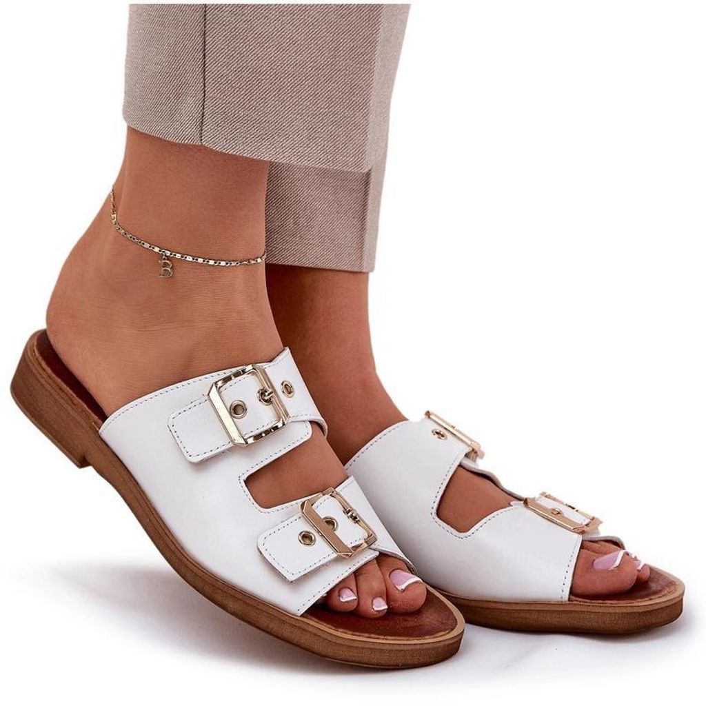 Leder Flache Sandalen Mit Schnallen Weiße Zazoo 3020 37