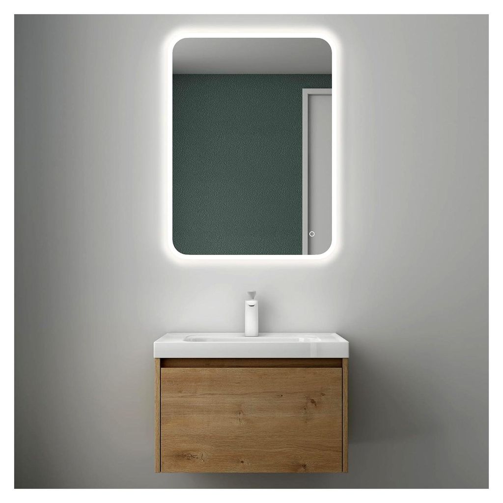 Badmöbelset Badezimmermöbel Kerneiche Waschbeckenunterschrank 60 cm mit Waschbecken aus Mineralguss