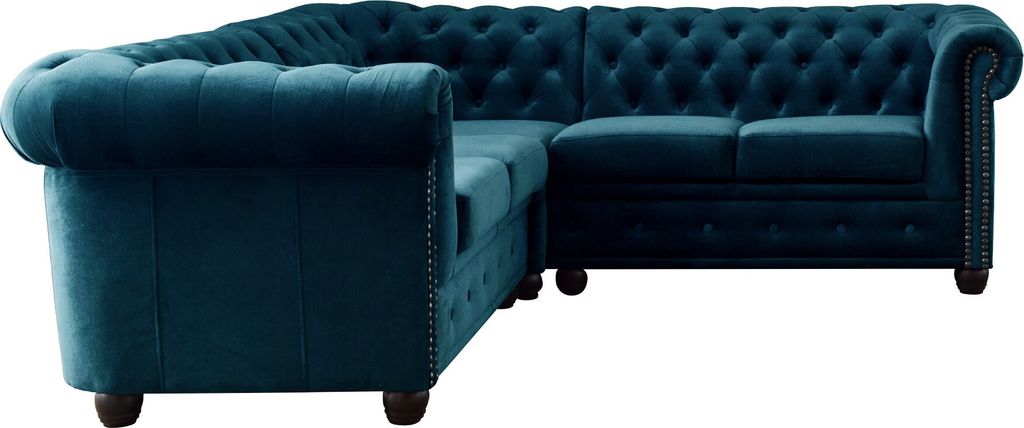 Lisa Design William - chesterfield Ecksofa beidseitig montierbar - 5 Sitzplätze - aus Samt , Entenblau
