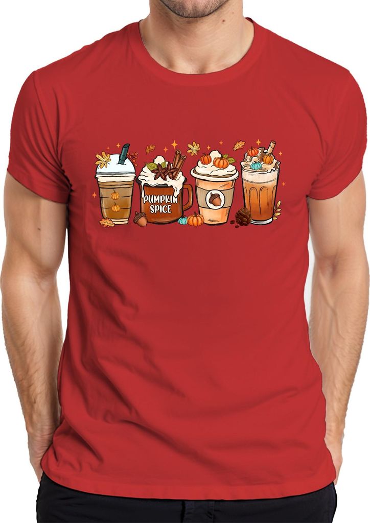 Pumpkin Spice Kürbis Latte Herbst Kaffee Kürbisgewürz Zimtstangen Herren T-Shirt, Rot, XL