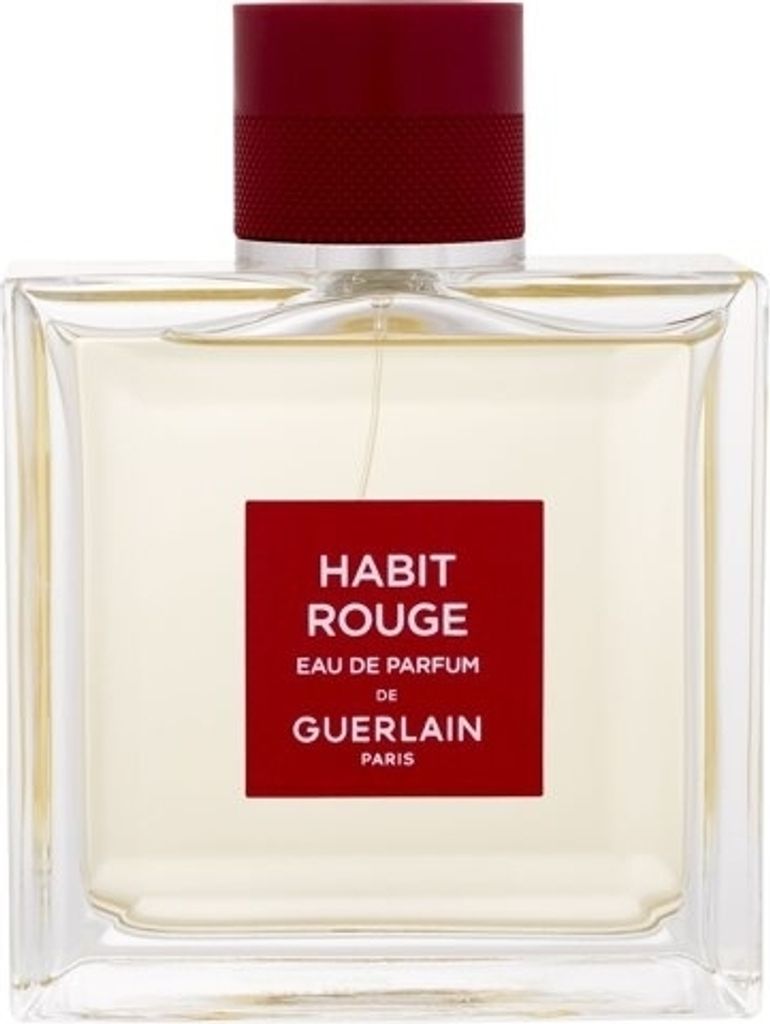 A clear, front-facing studio shot of a Guerlain Habit Rouge Eau de Parfum bottle.