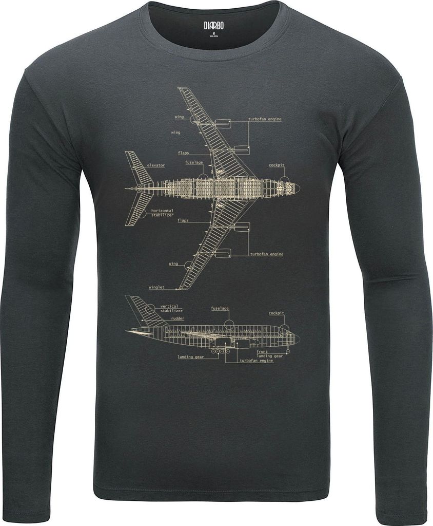 Herren Warm, Langarm-T-Shirt mit Druck Flugzeuglegende Dunkelgrau Gr.S