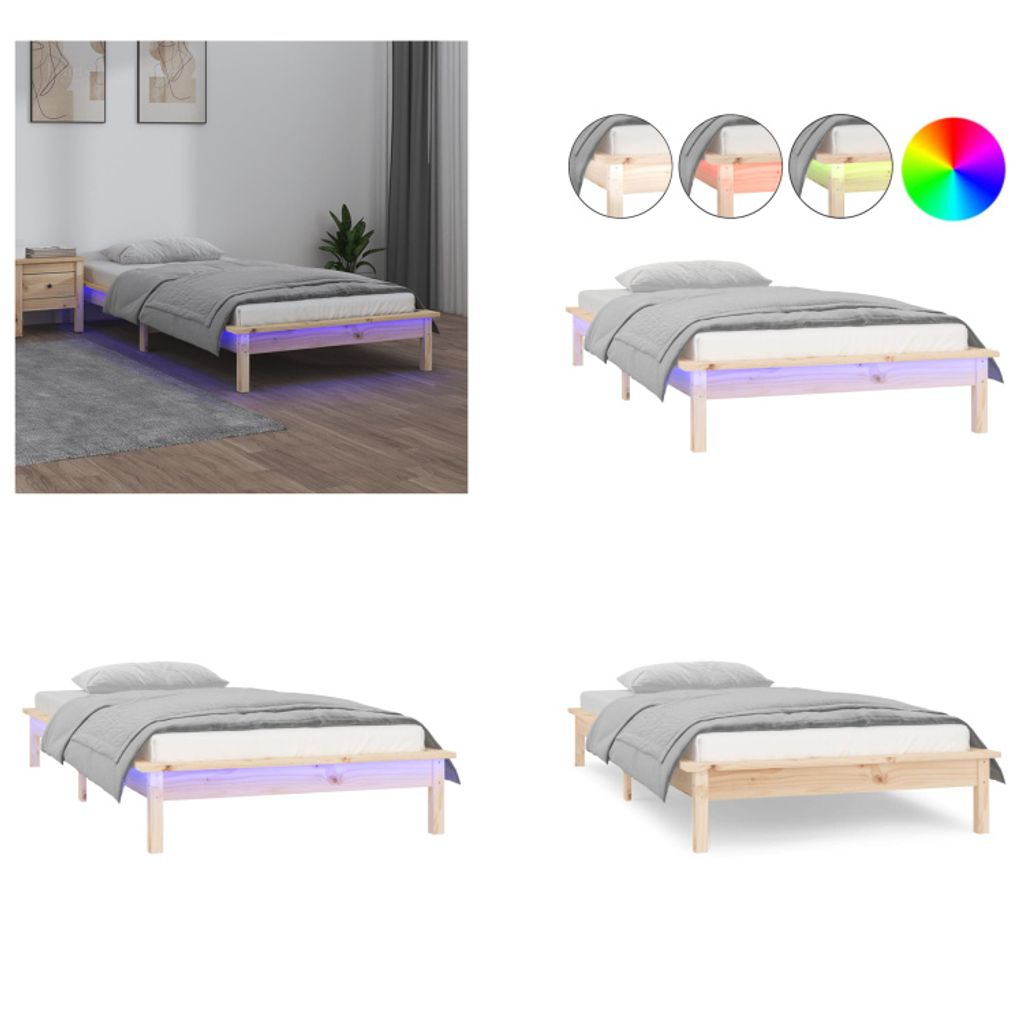 vidaXL Massivholzbett mit LEDs 90x190 cm - Bettgestell - Bettgestelle - Bettrahmen - Schlafzimmerbett