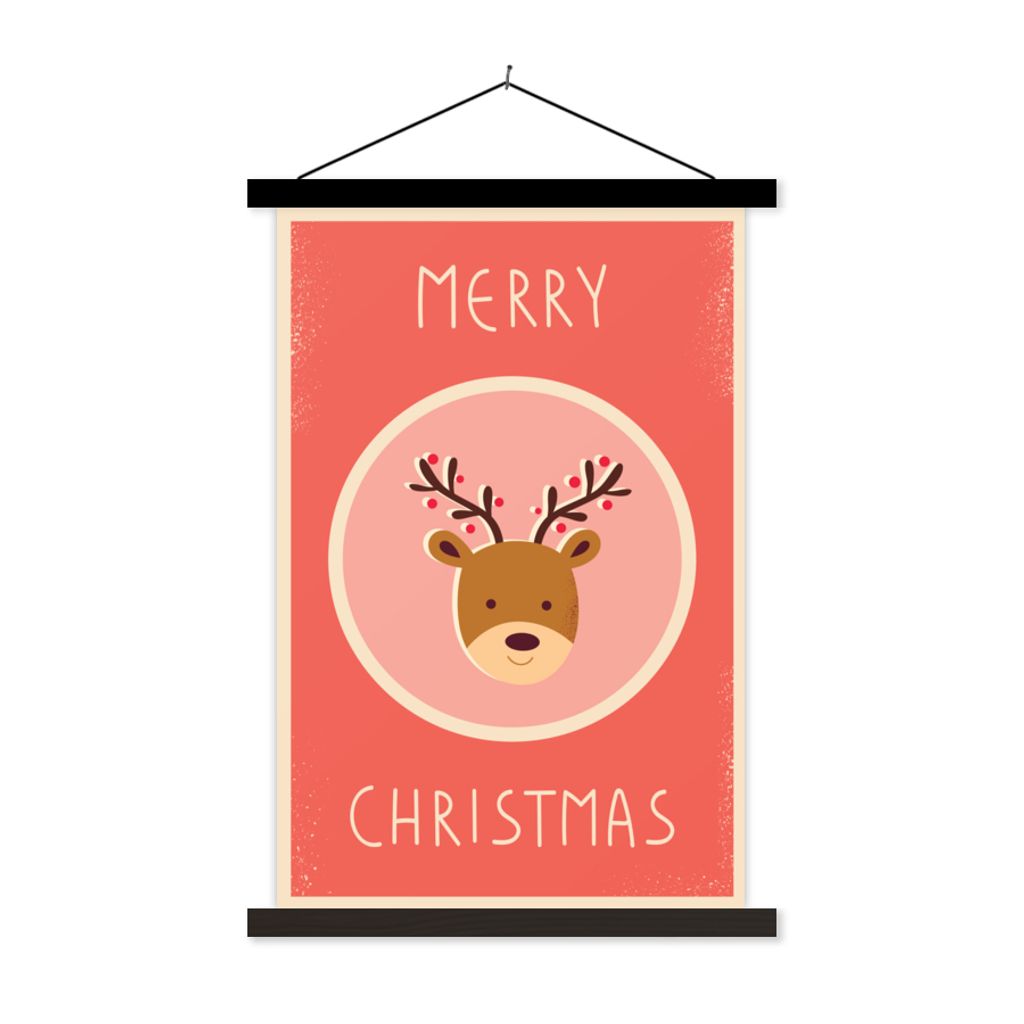 MuchoWow Textilposter Rentier - Zitate - Weihnachten - Frohe Weihnachten - Rot - Vintage 120x180 cm mit schwarzem Rahmen - Fotos