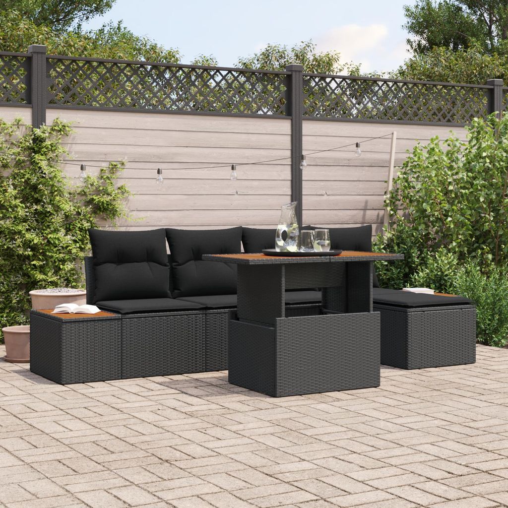 6-teiliges Garten Sofa Set mit Kissen Schwarz Poly Rattan, Design Gartensofas Neu