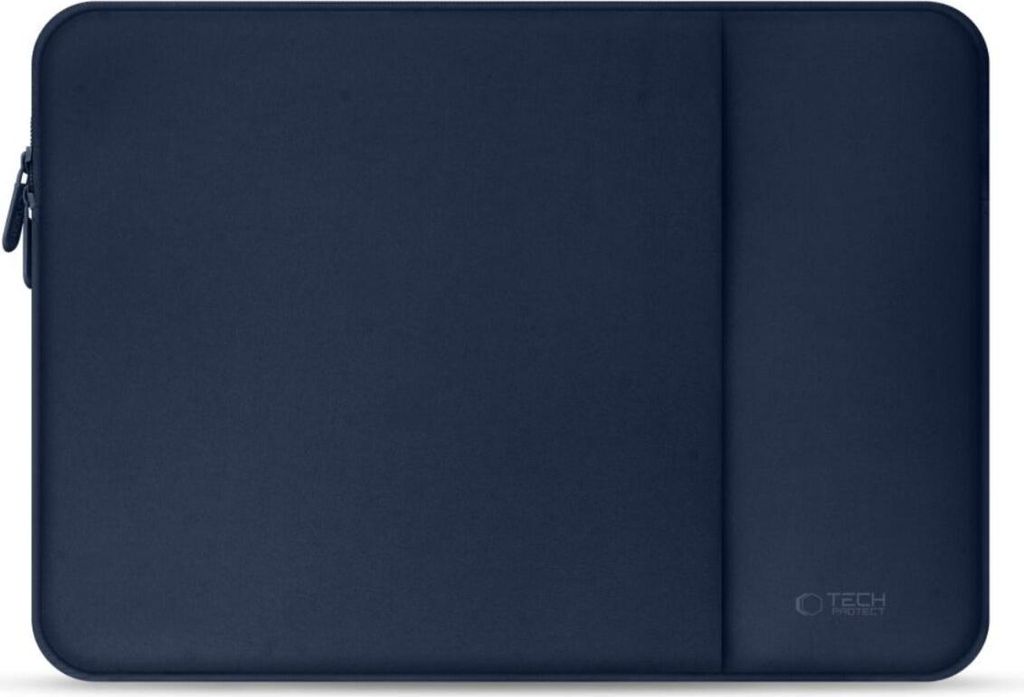 A navy blue laptop sleeve is shown lying flat against a white background.