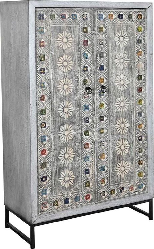 Armario DKD Home Decor Gris Blanco Madera de mango (90 x 38 x 150 cm)