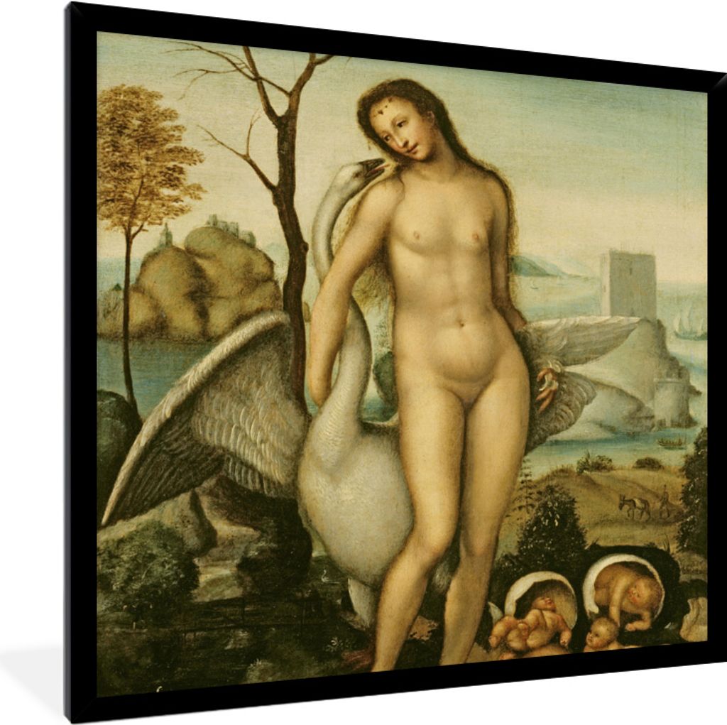 MuchoWow MuchoWow Gerahmtes Poster Leda und der Schwan - Leonardo da Vinci 40x40 cm - Poster mit zchwarzem Bilderrahmen - Mit Rahmen - Wanddeko...