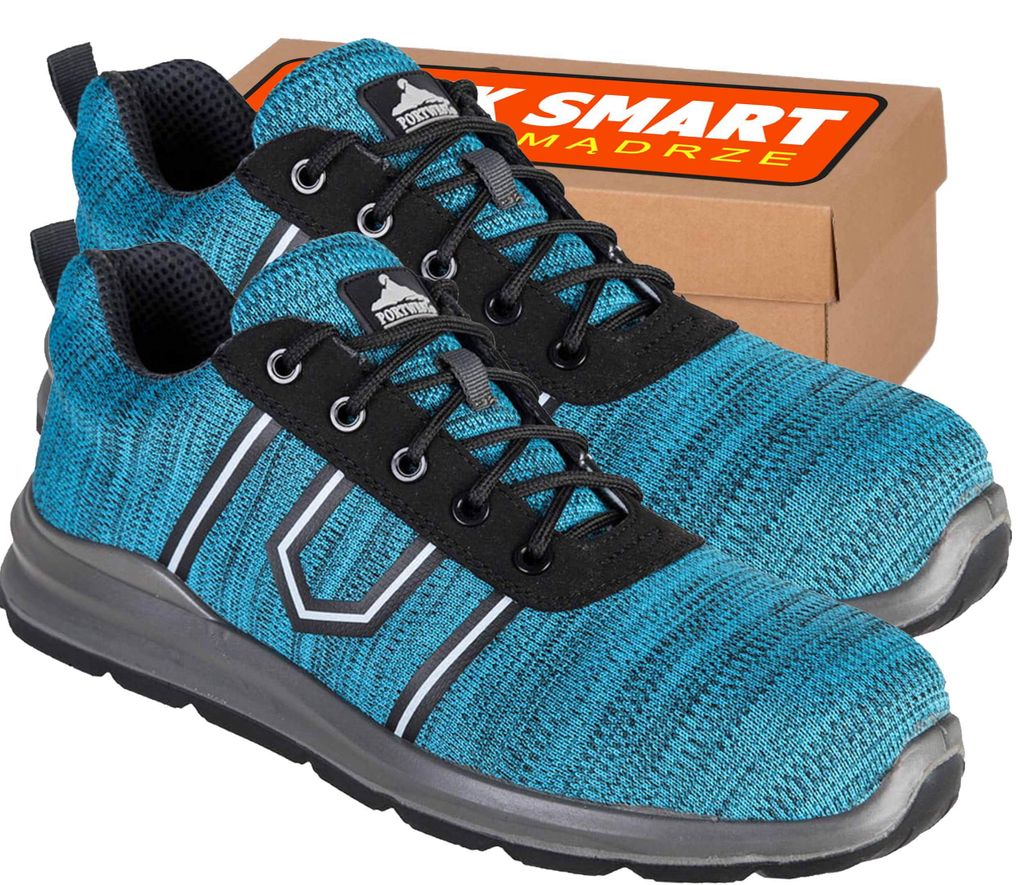 A pair of teal safety trainers with a cardboard box in the background.