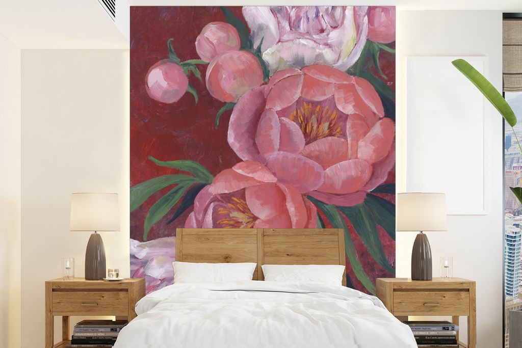 MuchoWow Fototapete für Wohnzimmer oder Schlafzimmer Wandtapete Vinyl Motivtapete Blumen - Rosa - Malerei - Pflanzen - 160x220 cm - Bildschirmhi...