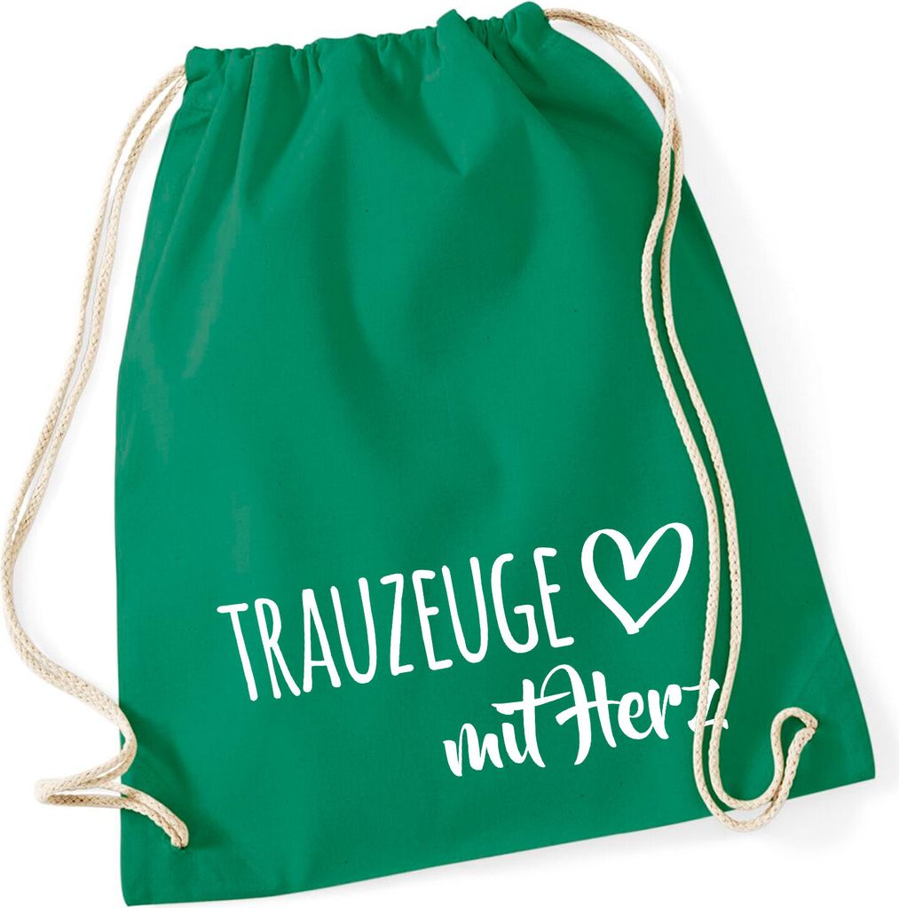 Huuraa Turnbeutel Trauzeuge mit Herz 12 Liter Kelly Green Baumwolle Rucksack Geschenkidee