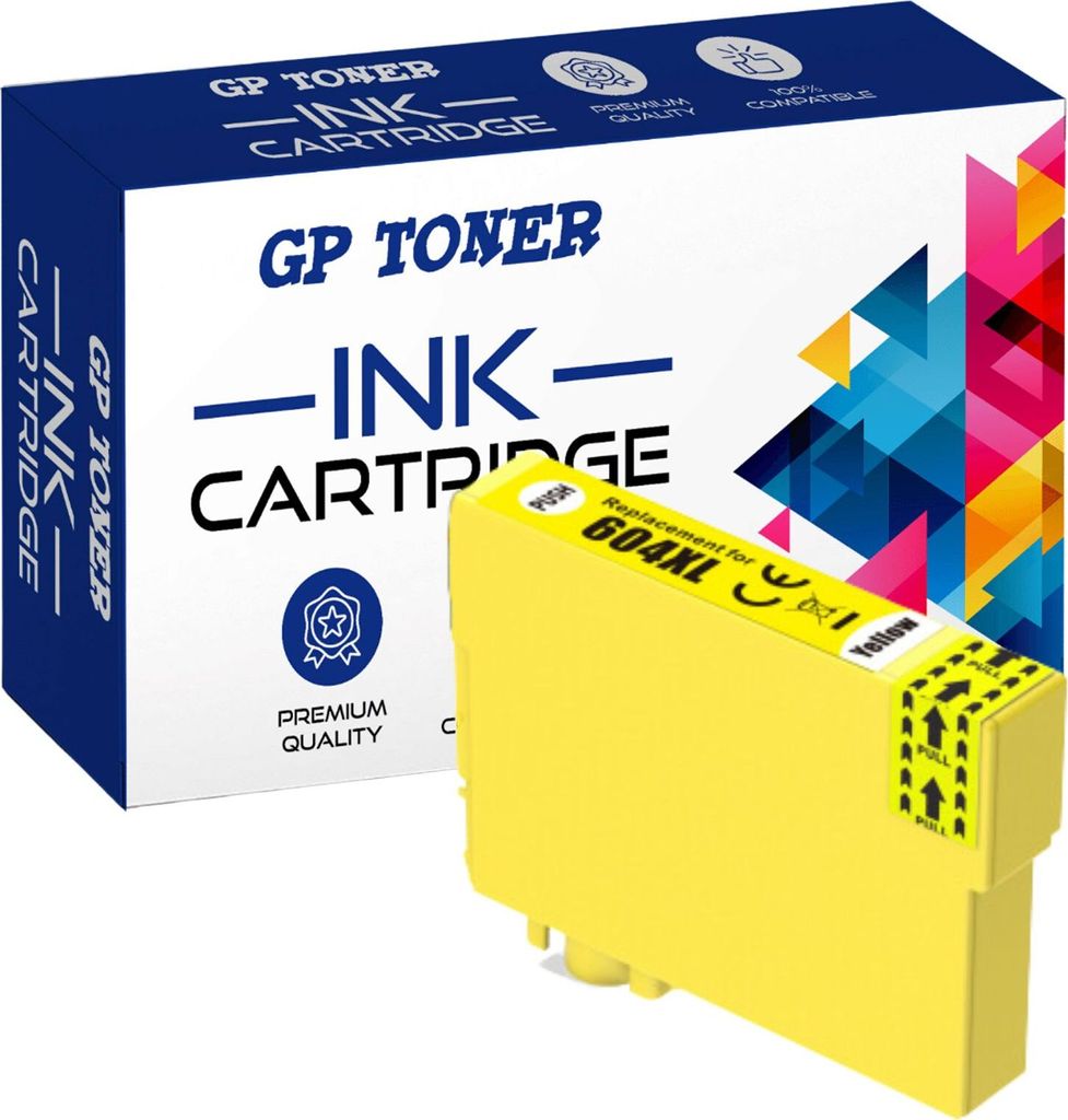A yellow ink cartridge is placed in front of its packaging box.