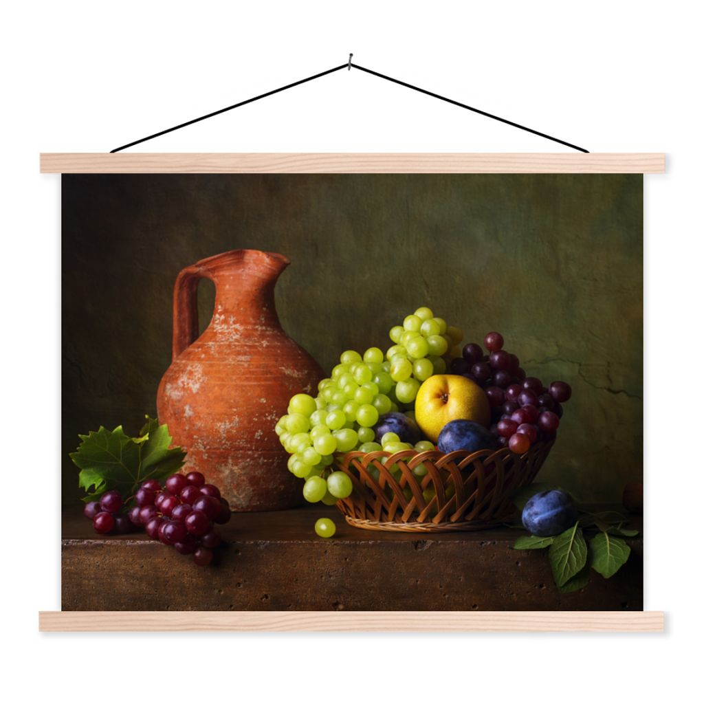 MuchoWow Textilposter Rustikal - Obst - Korb - Stilleben 120x90 cm mit holzfarbenen Rahmen - Magnetisch