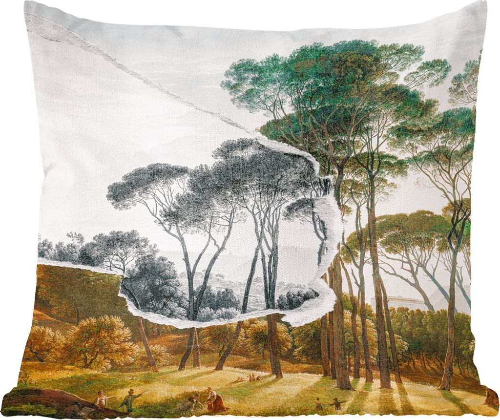 MuchoWow Zierkissen Sofakissen Wohnzimmer Dekokissen 50x50 cm Italienische Landschaft Schirmkiefern - Kunst - Hendrik Voogd - Malerei - Schwarz-W...