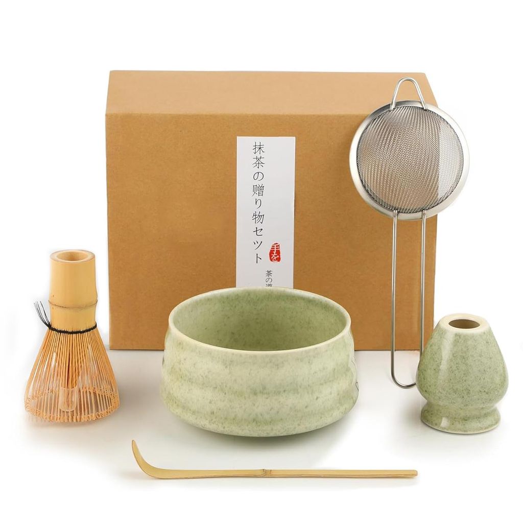 5-teiliges Matcha-Set aus Keramik & Bambus – inkl. Schale, Schneebesen, Teelöffel, Teesieb & Ständer, perfektes Einsteiger-Set für Teezeremonie