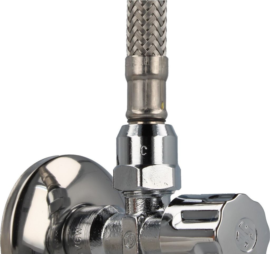 A close-up view of a chrome-plated angle valve with a braided hose attached.