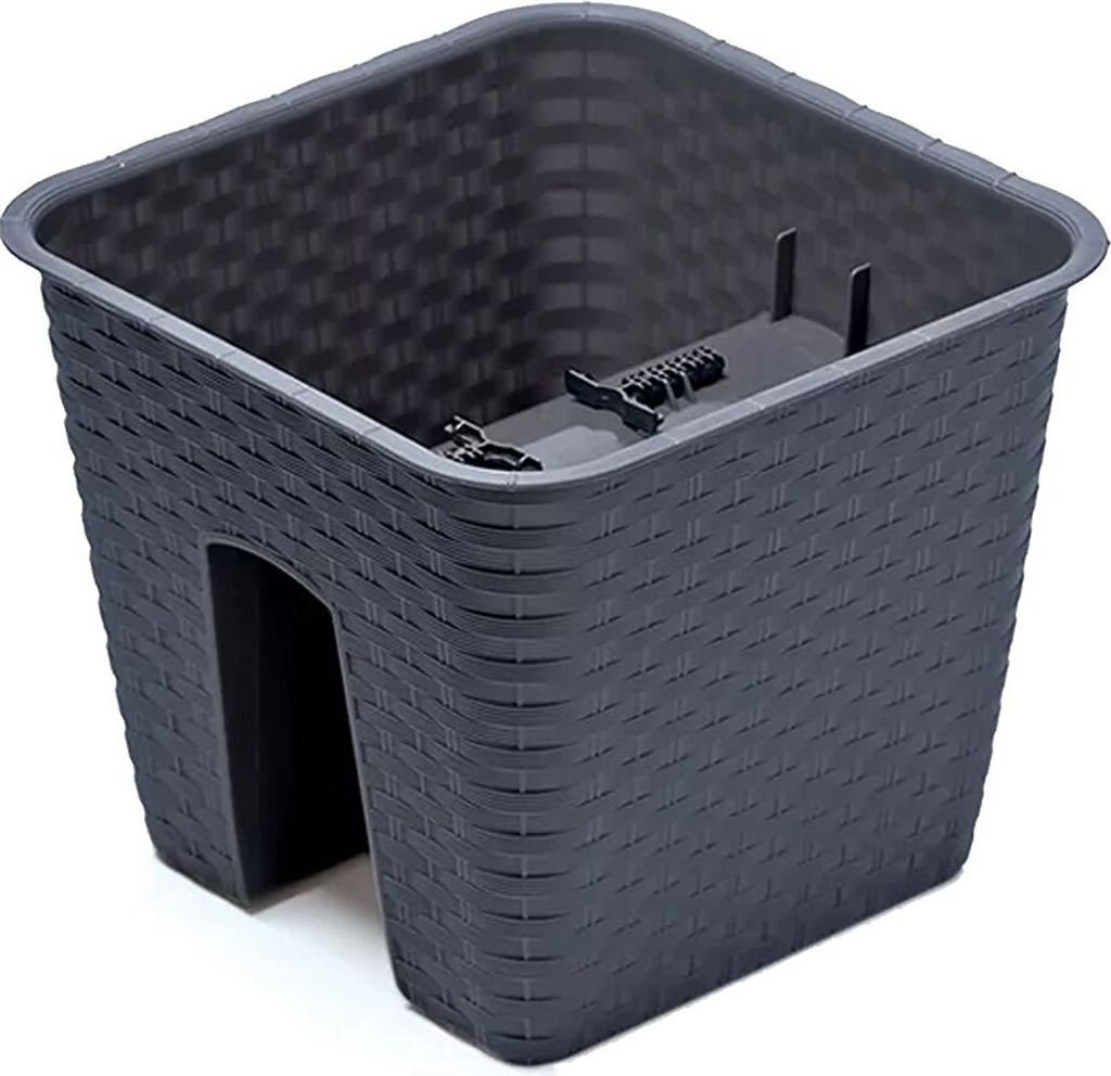 A dark gray, woven-patterned plastic planter box with an opening on one side, designed to hang on a railing or fence.
