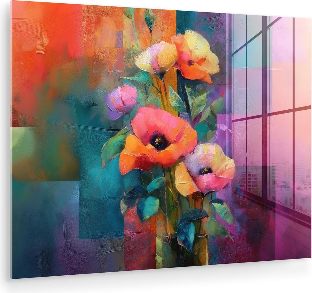 MuchoWow Glasbilder - Bilder auf Wandbild - Foto auf Glas Geometrische Farbblätter - Modern - Fantasieblumen 80x60 cm Wanddekoration aus Glas - Ac...