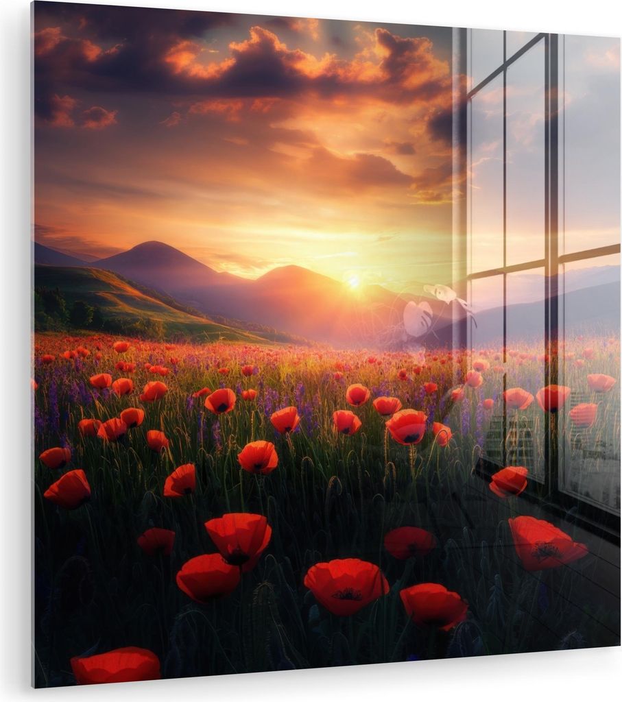 MuchoWow Glasbilder - Bilder auf Wandbild - Foto auf Glas Landschaft - Sonnenuntergang - Blumenfeld 20x20 cm Wanddekoration aus Glas - Acrylglasbil...