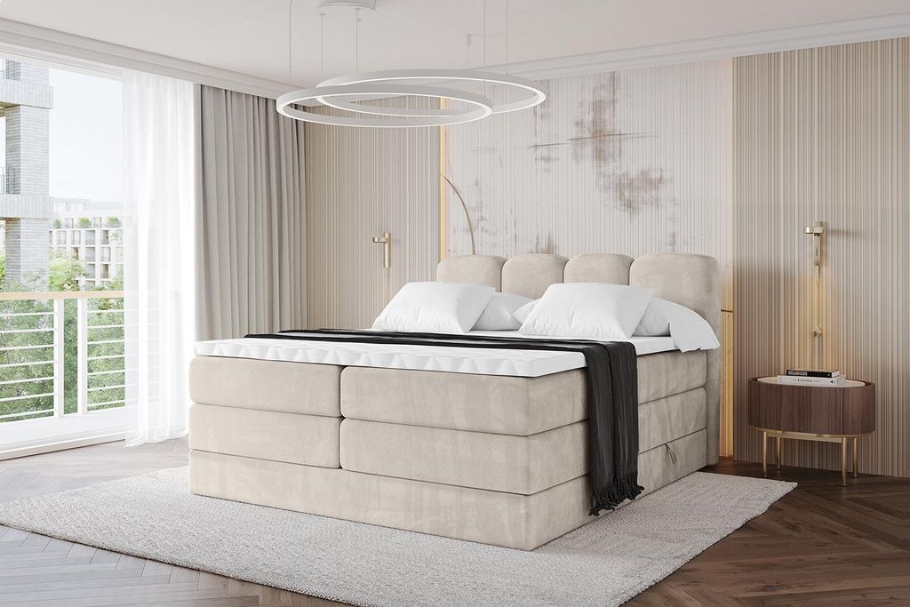 ALTDECOR Boxspringbett - NINA KING - 120x200 Beige Casablanca- Komplett-Set mit H3 und H4 Matratzen und Topper, Polsterbett mit Bettkästen, Latten...