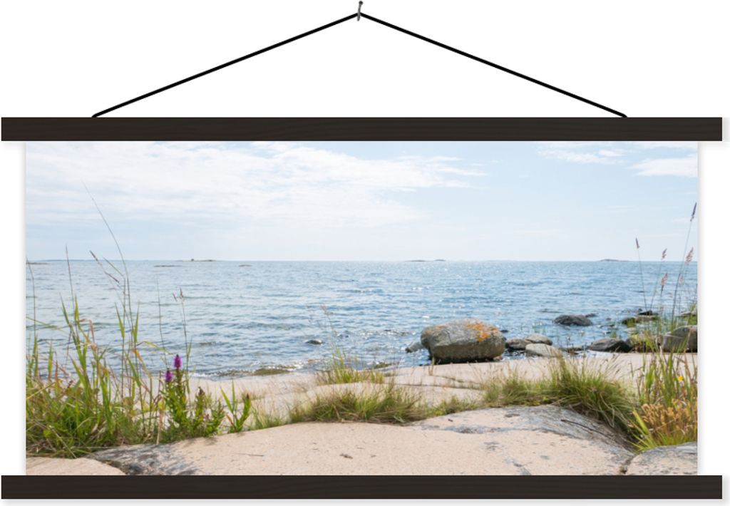 MuchoWow Textilposter Strand - Meer - Kieselsteine 120x60 cm mit schwarzem Rahmen - Dekoration Schlafzimmer