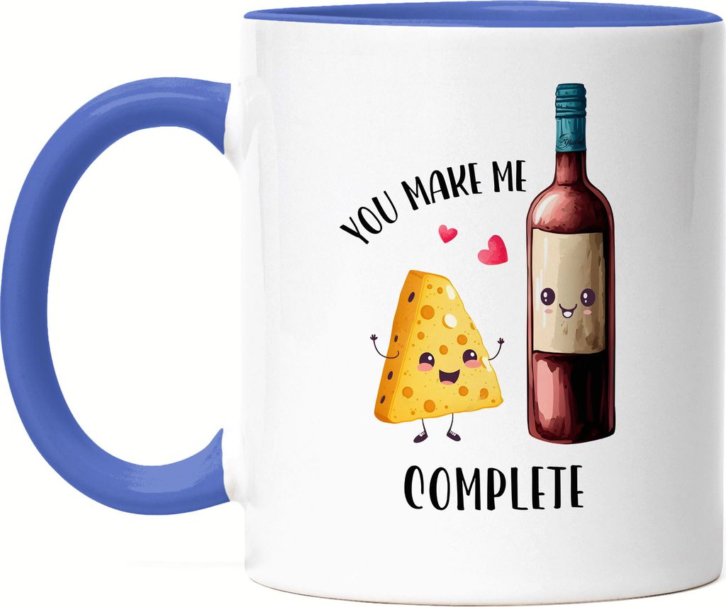 You Complete Me Tasse Blau Wein Käse Valentinstag Freundin Freund Süß Geschenkidee Paar Liebe