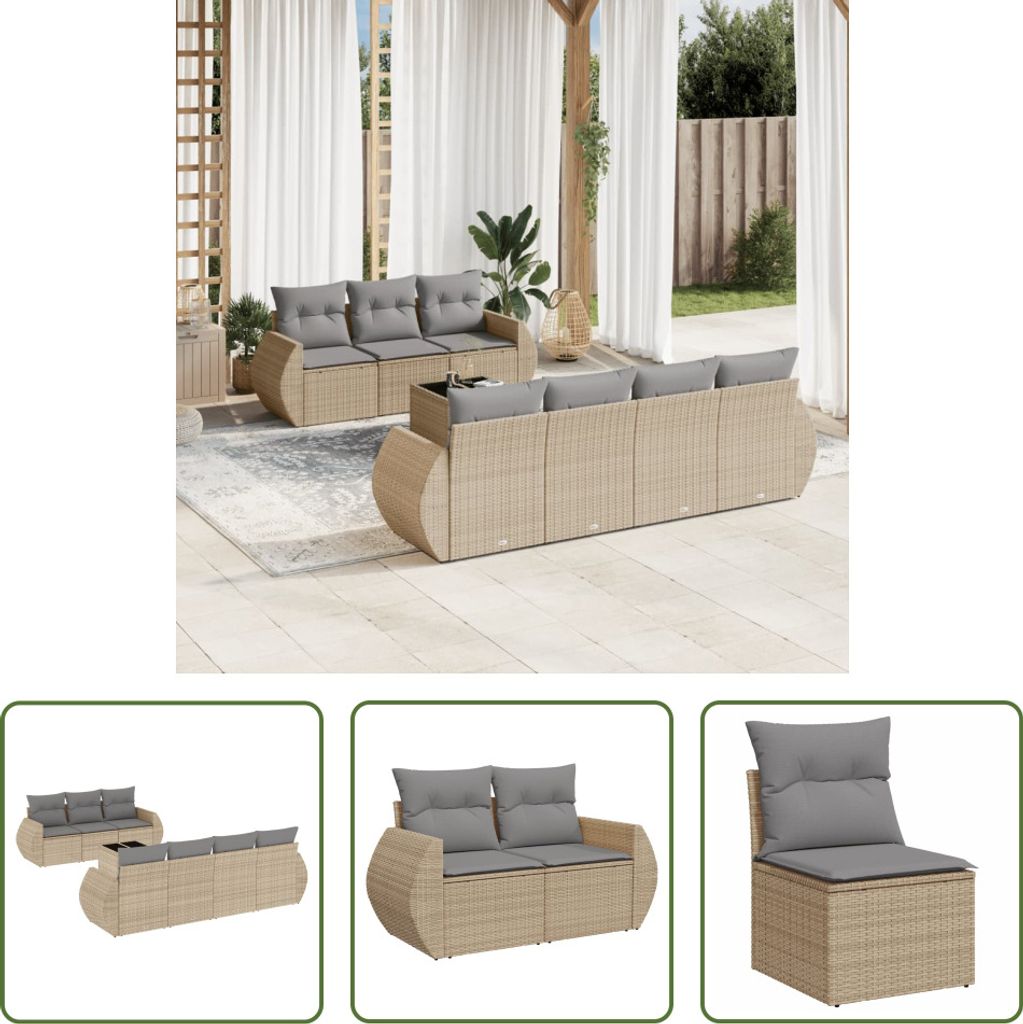 The Living Store 8-tlg. Garten-Sofagarnitur mit Kissen Beige Poly Rattan