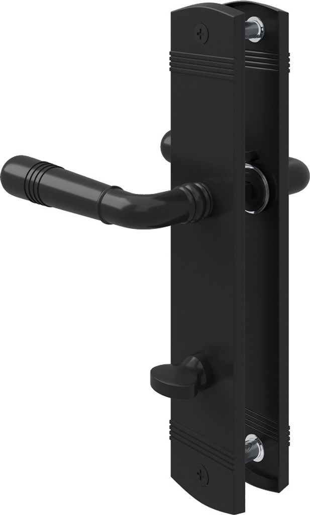 A black door handle set on a white background.