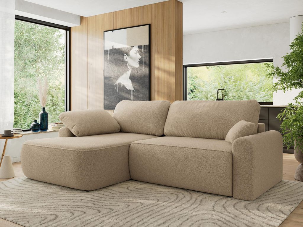 MKS MEBLE Ecksofa CUBO L-form, lose Kissen, Ecksofa 273x187x100 cm mit Schlaffunktion, Bettkasten - Hellbraun Boucle - Links Seite