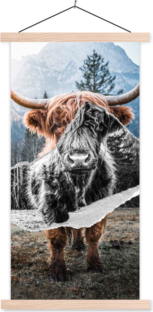 MuchoWow Textilposter Schottisches Hochlandrind - Kuh - Tiere 60x120 cm mit holzfarbenen Rahmen - Holz